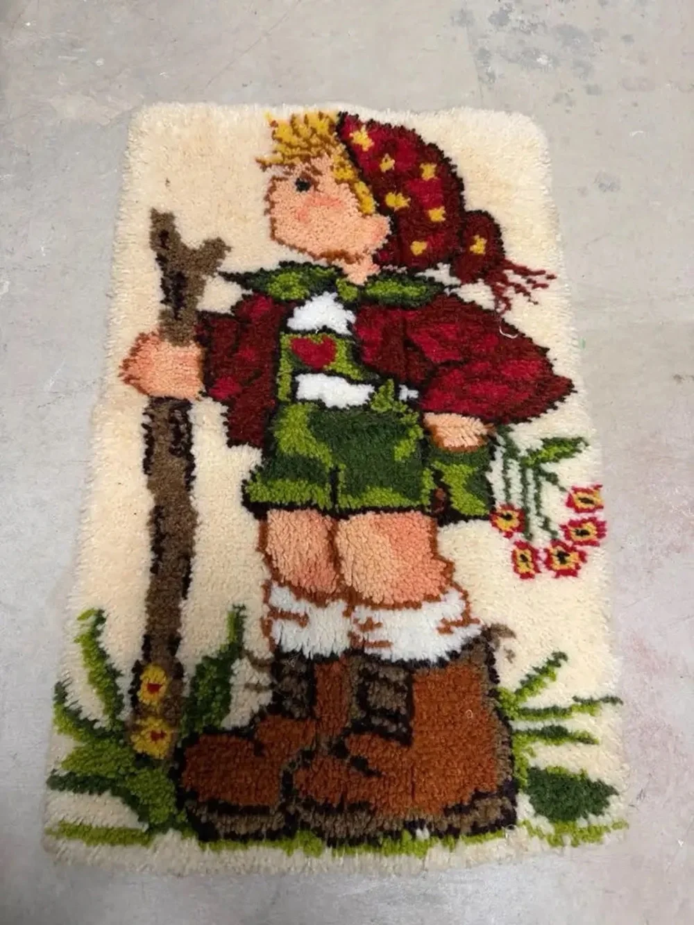 Vintage Hand-Tufted Wool Rug with Hummel Boy Motif - Cream, Green, Red